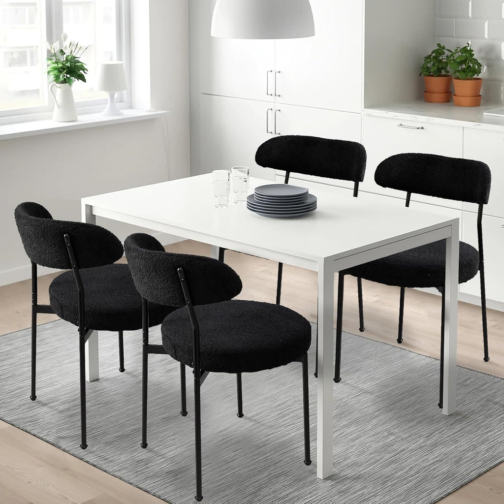Modern Boucle Dining Chair Set of 4 with Round Lambswool Upholstered Cushion Backrest and Metal Legs for Dining Room Kitchen Restaurant Living Room(Black&Black Leg)