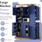Merax 70'' Tall Traditional Freestanding Buffet with Hutch, Large Kitchen Pantry Storage Cabinet Cupboard with Pull-Out Side Cabinet, Door Shelves and Drawer, Blue