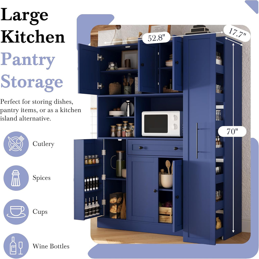 Buffet Cabinet with Hutch and Pull-Out Side Organizer, 70 in | P2 MDF, 6 doors, 5 adjustable shelves, 3-tier door shelves, pull-out side organizer with wheels, 52.8 W x 17.7 D x 70.1 H in