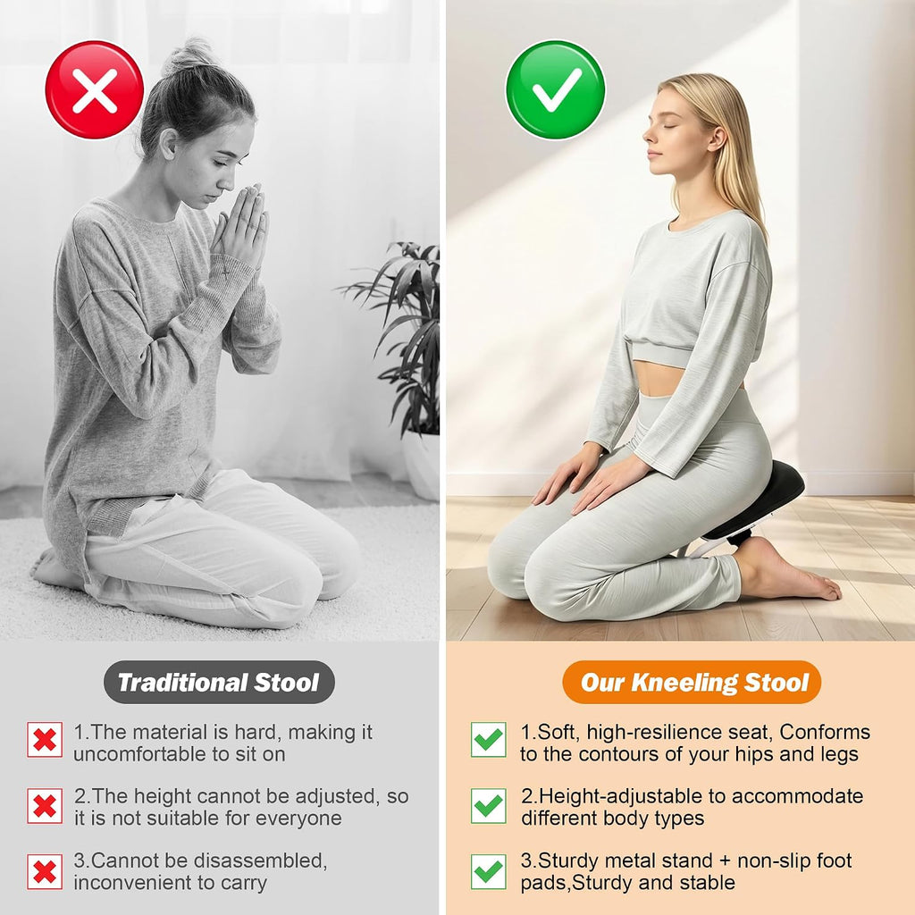 Meditation Bench Kneeling Stool Adjustable Height for Yoga, Home Studio Meditation – Portable Folding Seiza Chair with Non-Slip Cushion, 3 Level Ergonomic Metal Prayer Stool
