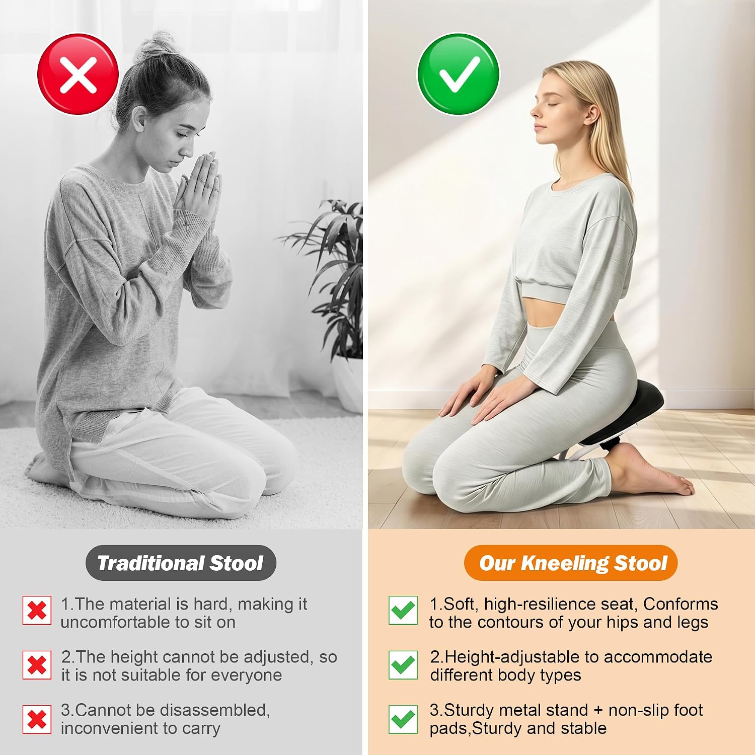 Meditation Bench Kneeling Stool Adjustable Height for Yoga, Home Studio Meditation – Portable Folding Seiza Chair with Non-Slip Cushion, 3 Level Ergonomic Metal Prayer Stool