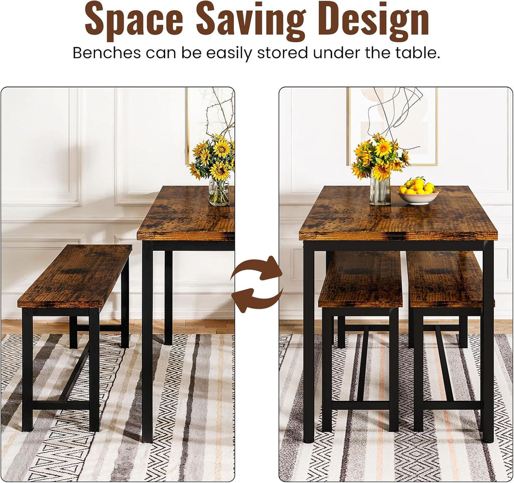 Lamerge Dining Room Table Set with 2 Benches, Dining Table Set for 4-6, Kitchen Table Set for Home Kitchen, Dining Room, Restaurant, Space Saving, Rustic, 3 Pieces Dining Furniture Set (05-Brown)