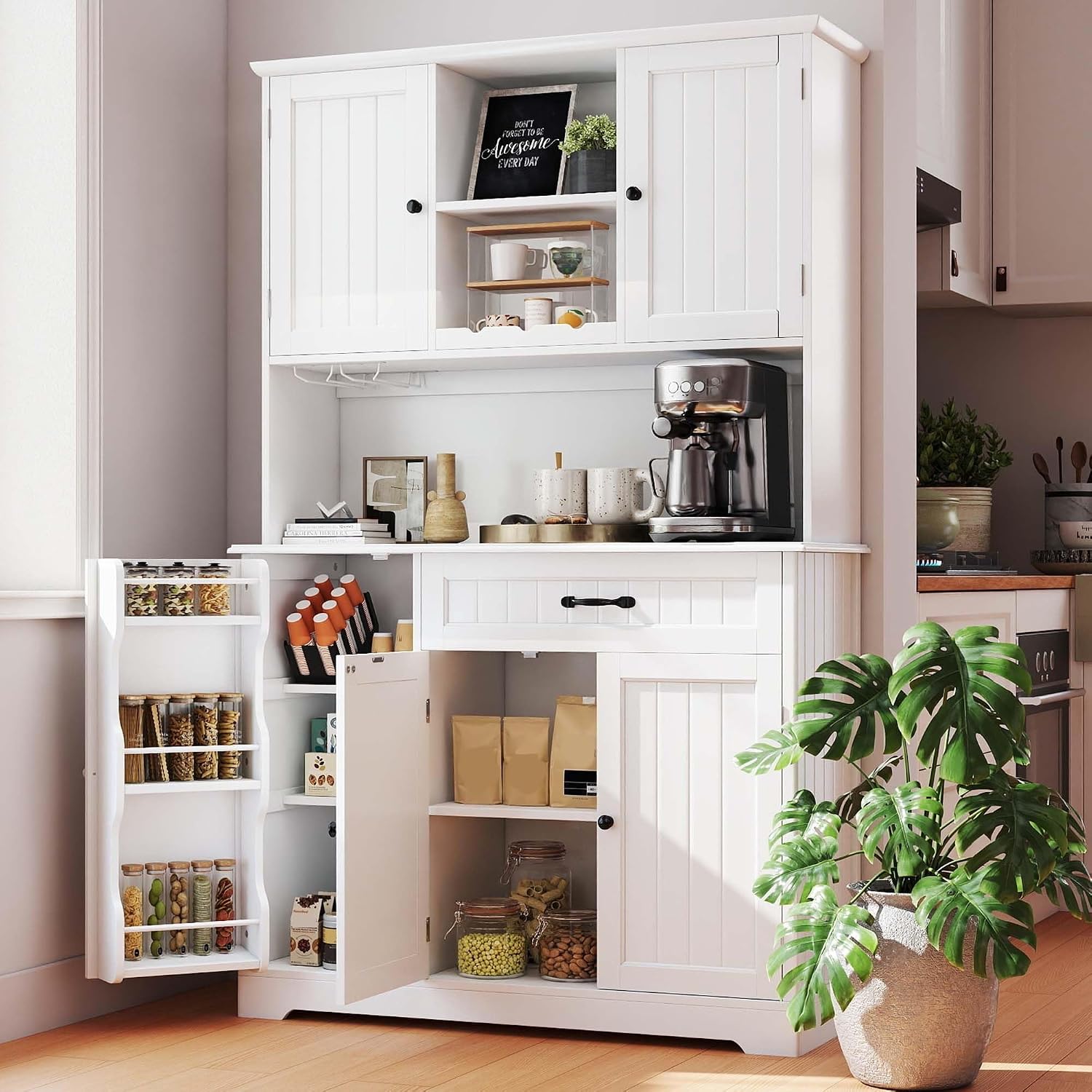 Gizoon 71" Kitchen Hutch with Storage Kitchen Pantry Cabinet with Doors and Shelves Coffee Bar Cabinet with Storage Farmhouse Pantry for Dining Room and Craft Room, White