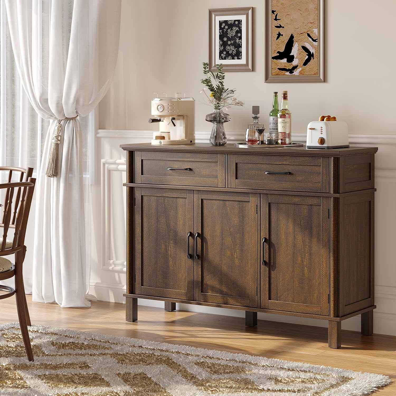 48 Inch Sideboard Buffet Cabinet with Storage, Farmhouse Coffee Bar Cabinet with 4 Drawers, Adjustable Shelves, Wood Sideboard Credenza for Kitchen, Living Room, Entryway, Brown