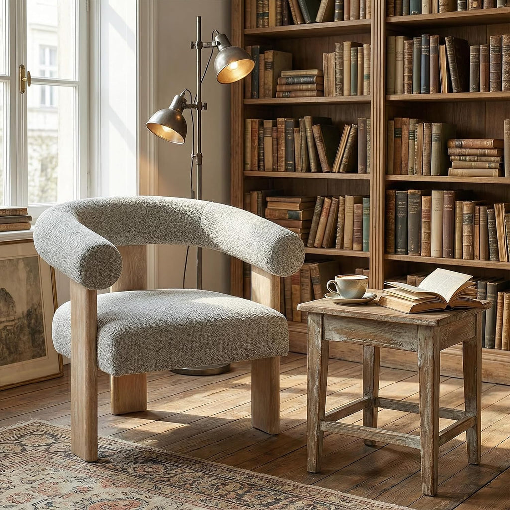 VKNOW Barrel Accent Chairs Set of 2 with Armrests and Rubberwood Legs | Mid Century Modern Upholstered Living Room Chairs with Open Back, Chenille Fabric, for Living Room, Bedroom, Light Gray