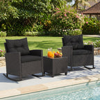 Tangkula 3 Piece Wicker Rocking Set, Patio Rattan Roker Chairs with Tempered Glass Table & Soft Cushions, Outdoor Furniture Set for Backyard, Poolside Porch