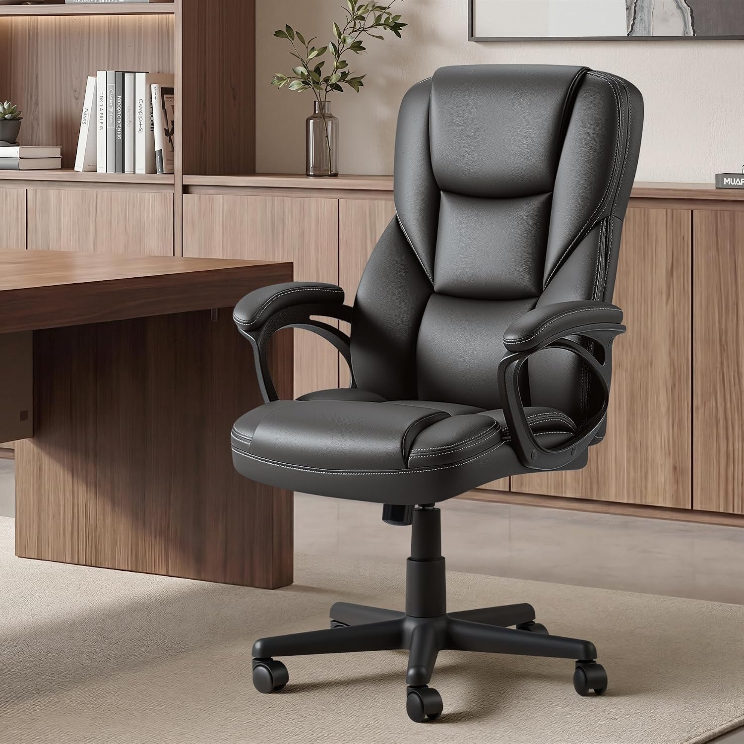 Patiowell Executive Office Desk Chair Ergonomic Big and Tall Managerial Chair, PU Leather High Back Home Office Computer Chair with Lumbar Support (Black)