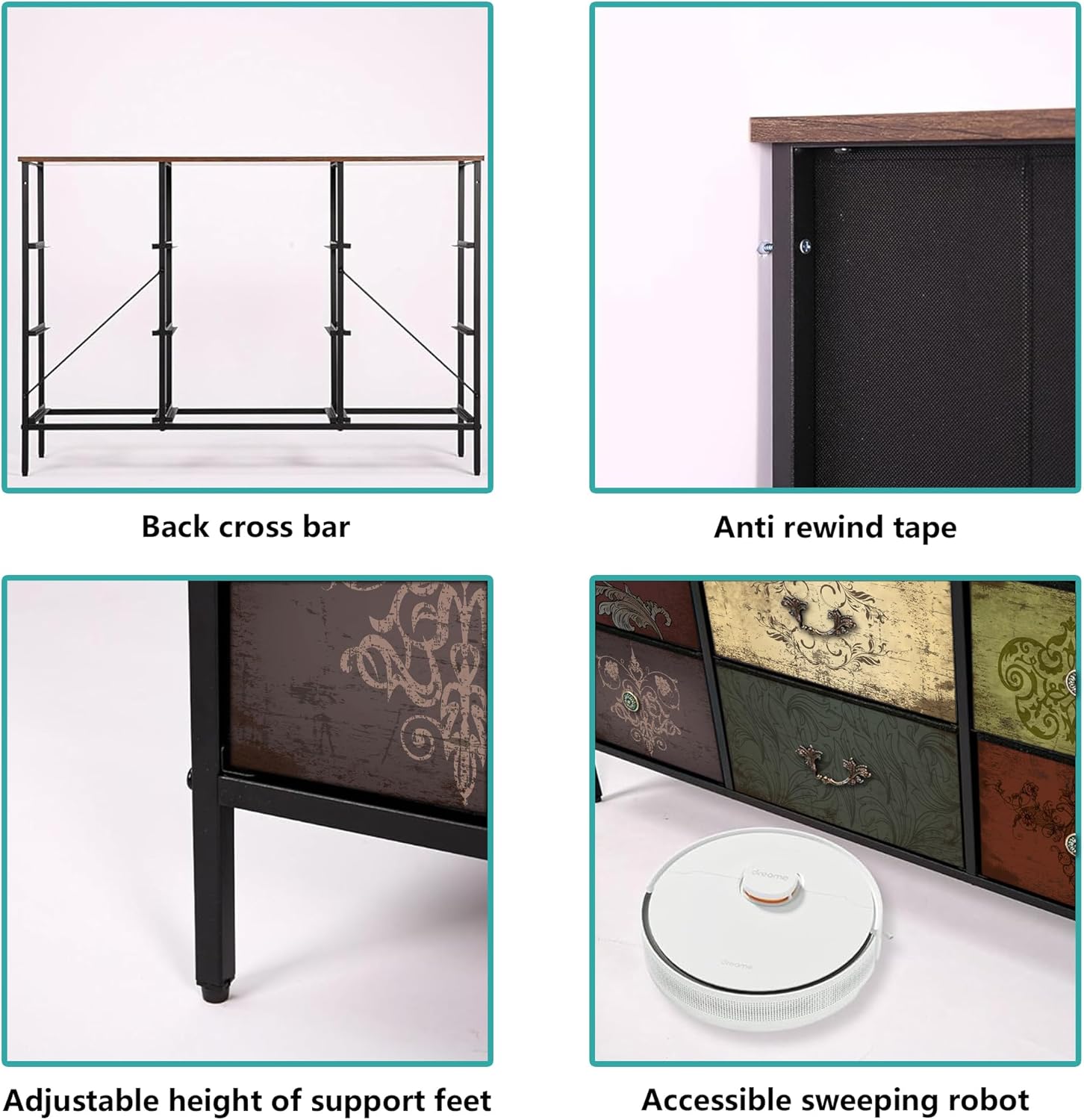 VASICAR Dresser for Bedroom with 9 Deep Fabric Drawers, Wide TV Stand | Horizontal Storage Cabinet, Colorful Chest of Drawers for Closet, Nursery, Entryway, Hallway, Laundry Room