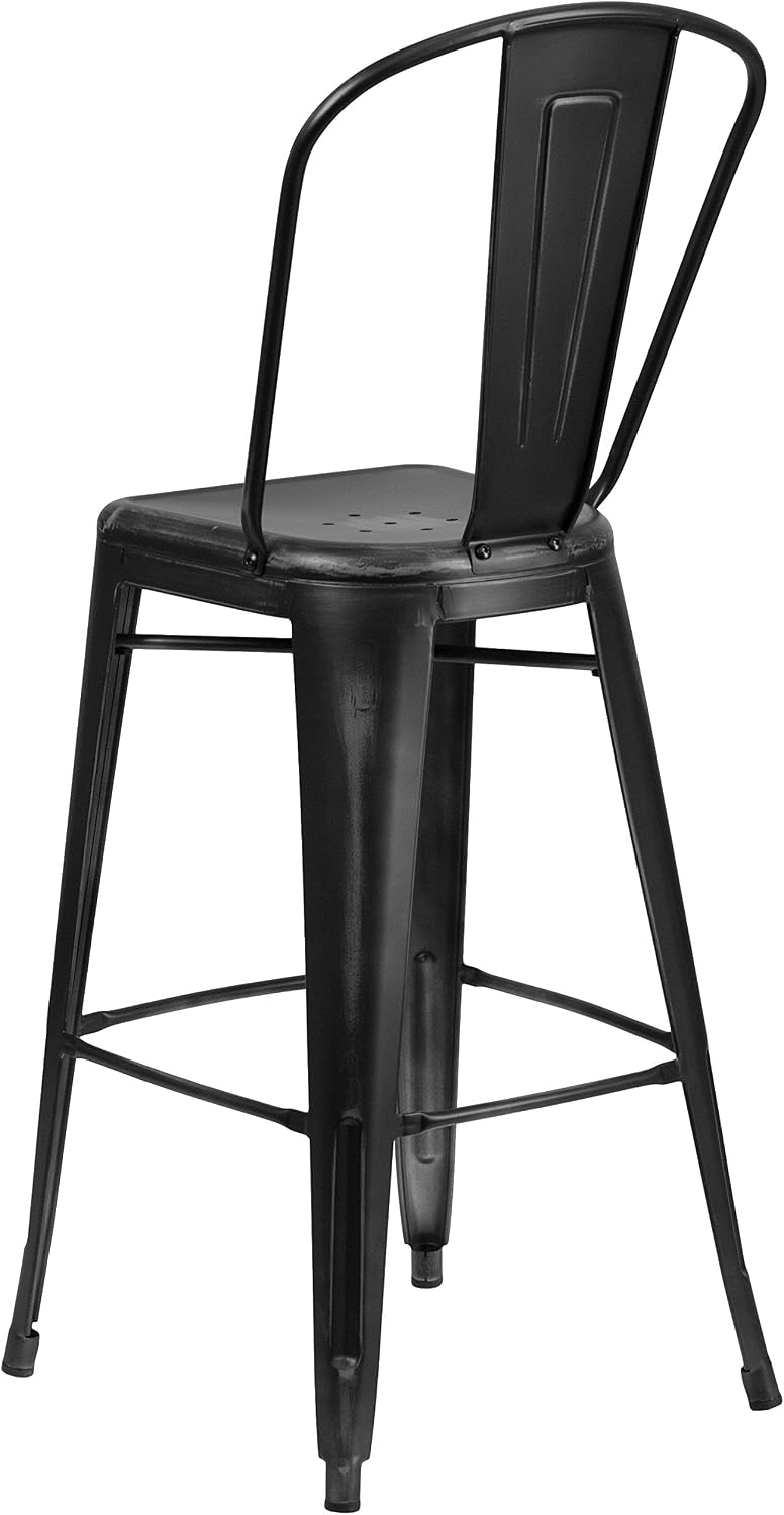 EMMA + OLIVER Commercial Grade 30" H Distressed Black Metal Indoor-Outdoor Barstool w/Back