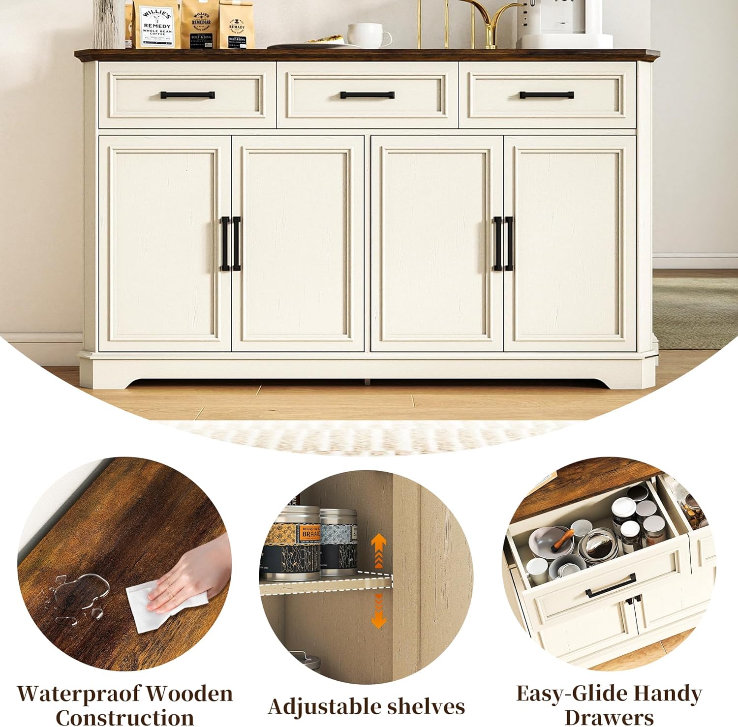 64 Inch Farmhouse Buffet Cabinet, Large Sideboard & Buffet with 4 Doors and 3 Drawers, Modern Credenza with Storage for Dining Room, Living Room, Kitchen, Antique White