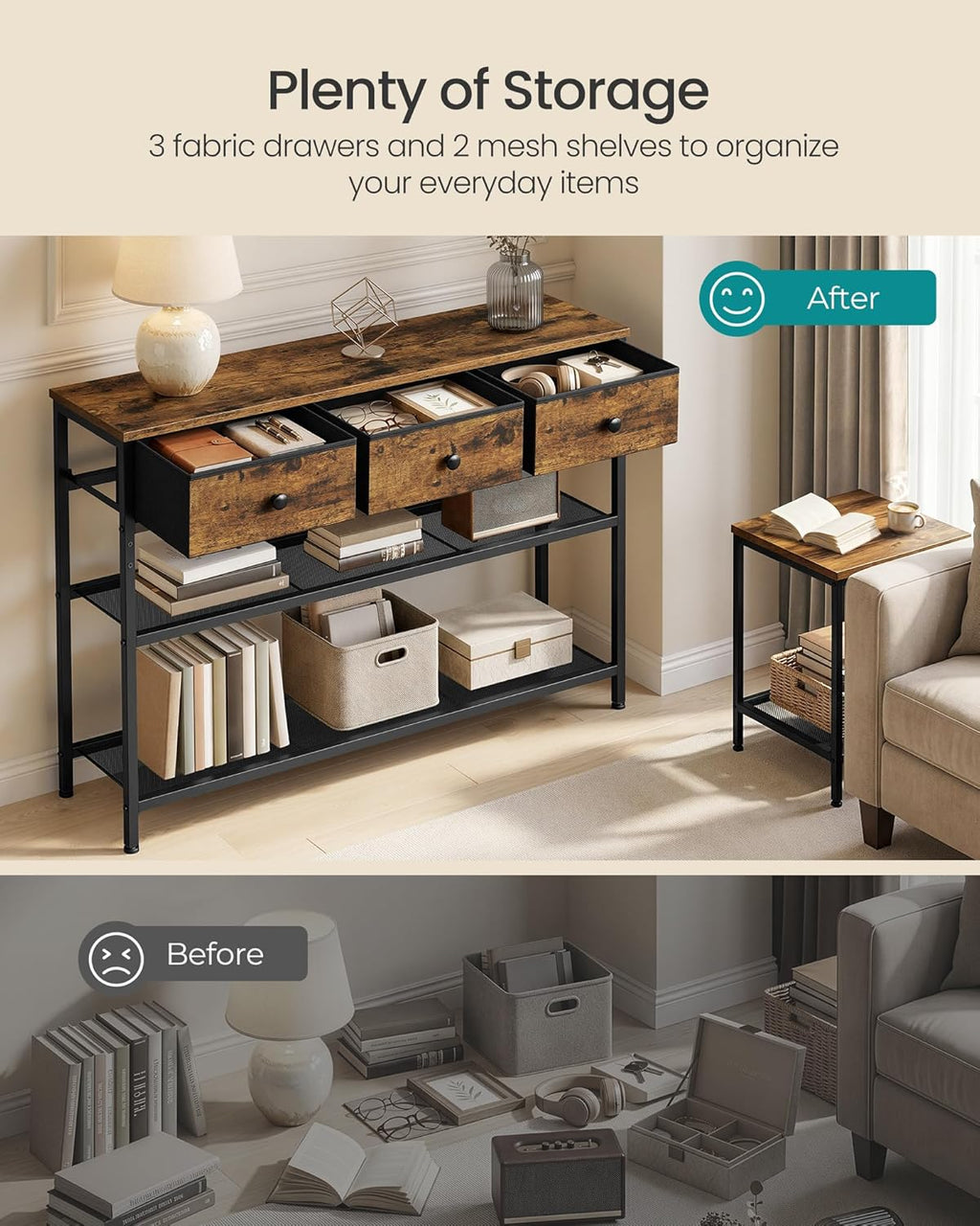 SONGMICS Console Table, Narrow Sofa Table with 2 Mesh Shelves for Entryway, Living Room, 11.8 x 38.9 x 31 Inches, 3 Fabric Drawers, Rustic Brown, BELLAH Collection ULGS098K101