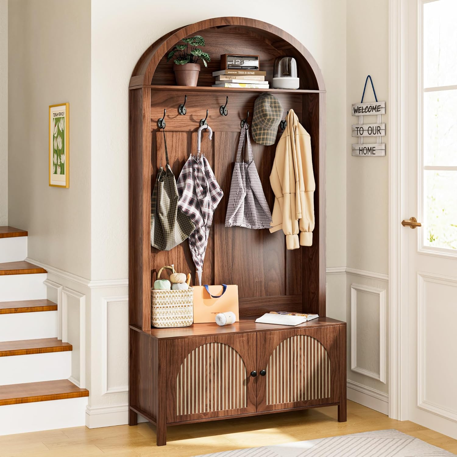 Hall Tree with Bench and Shoe Storage, Entryway Storage Bench with Coat Rack, 78.74" Coat Rack with 7 Hooks and Adjustable Shelves, Farmhouse Style Furniture Organizer for Hallway (Walnut, 78.74"H)