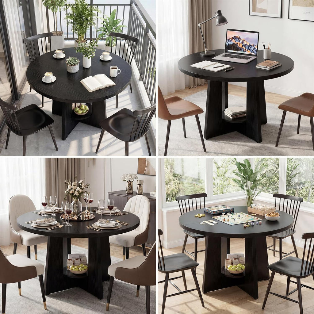 Black Round Dining Table for 4-6, 47 Inch Black Kitchen Table with Storage Shelf & Wood Pedestal Base, Modern Circle Dining Room Table for Small Apartment, Home Office, Living Room