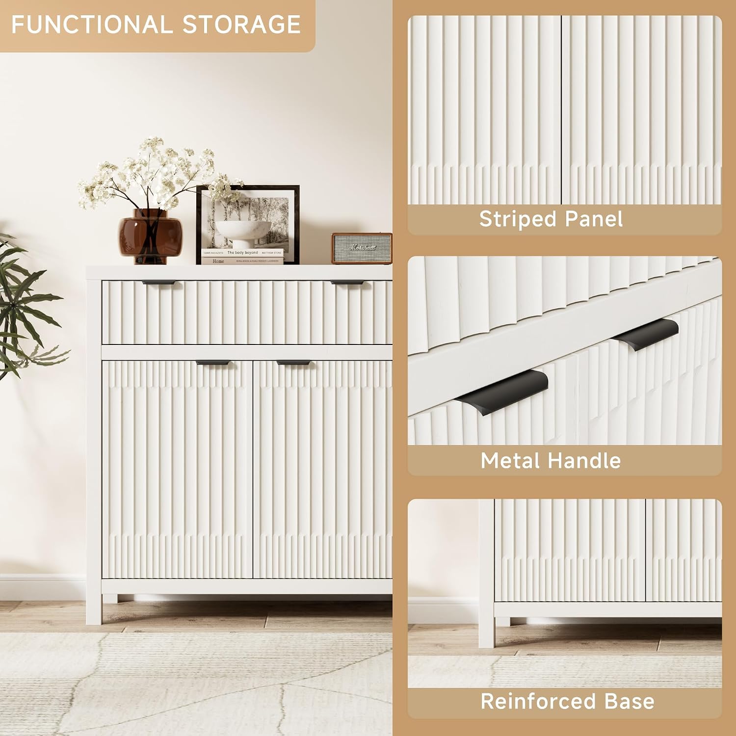 Fatmok Fluted Buffet Cabinet with Storage, 34" Tall Modern Arched Sideboard Cabinet w/AdjustableShelves,Wooden Modular Coffee Bar for Dining Room, Kitchen, Living Room, Entryway, White