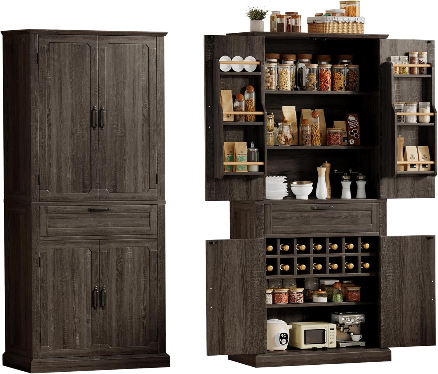 Ball & Cast Farmhouse Kitchen Pantry Cabinet, Brown, 71 Inch | Adjustable shelves, microwave shelf, wine rack & drawer storage