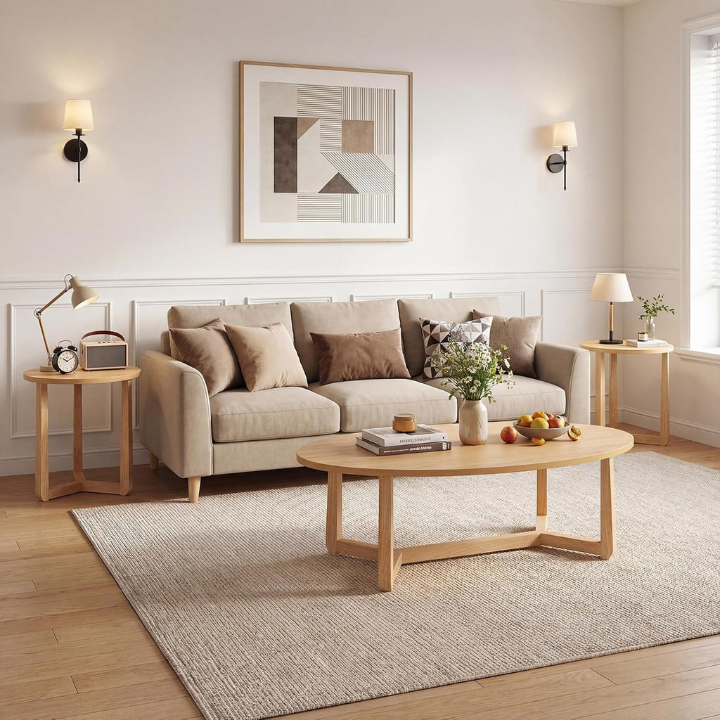 Giantex Oval Coffee Table and End Tables Set of 3, Mid Century Modern Coffee Table and 2 Round Side Tables w/Wood Veneered Top & Solid Rubber Wood Leg, Living Room Table Set for Small Space