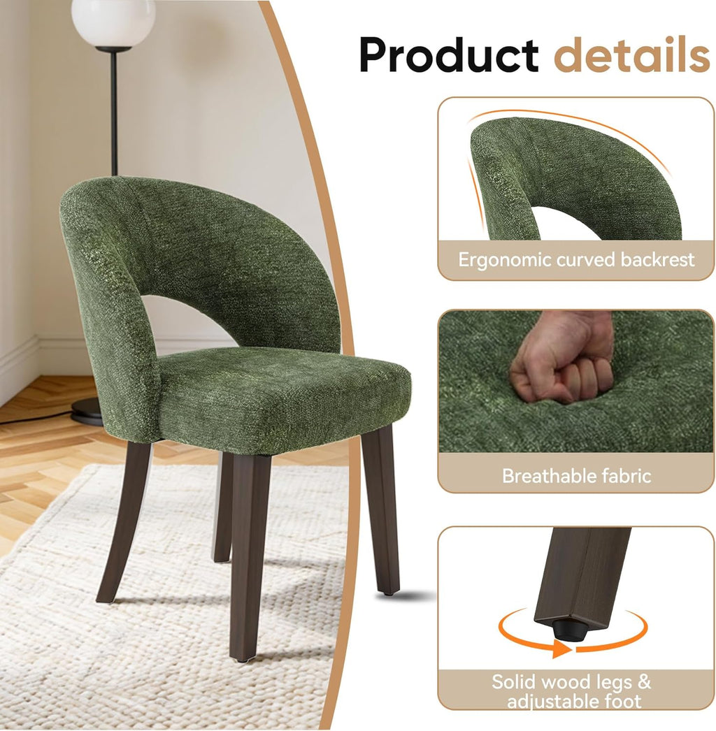 Dining Chairs Set of 2, Mid Century Modern Dining Chairs with Solid Wood Legs, Curved Back Kitchen Chair Farmhouse Side Upholstered Chairs for Kitchen Dining Room, Green