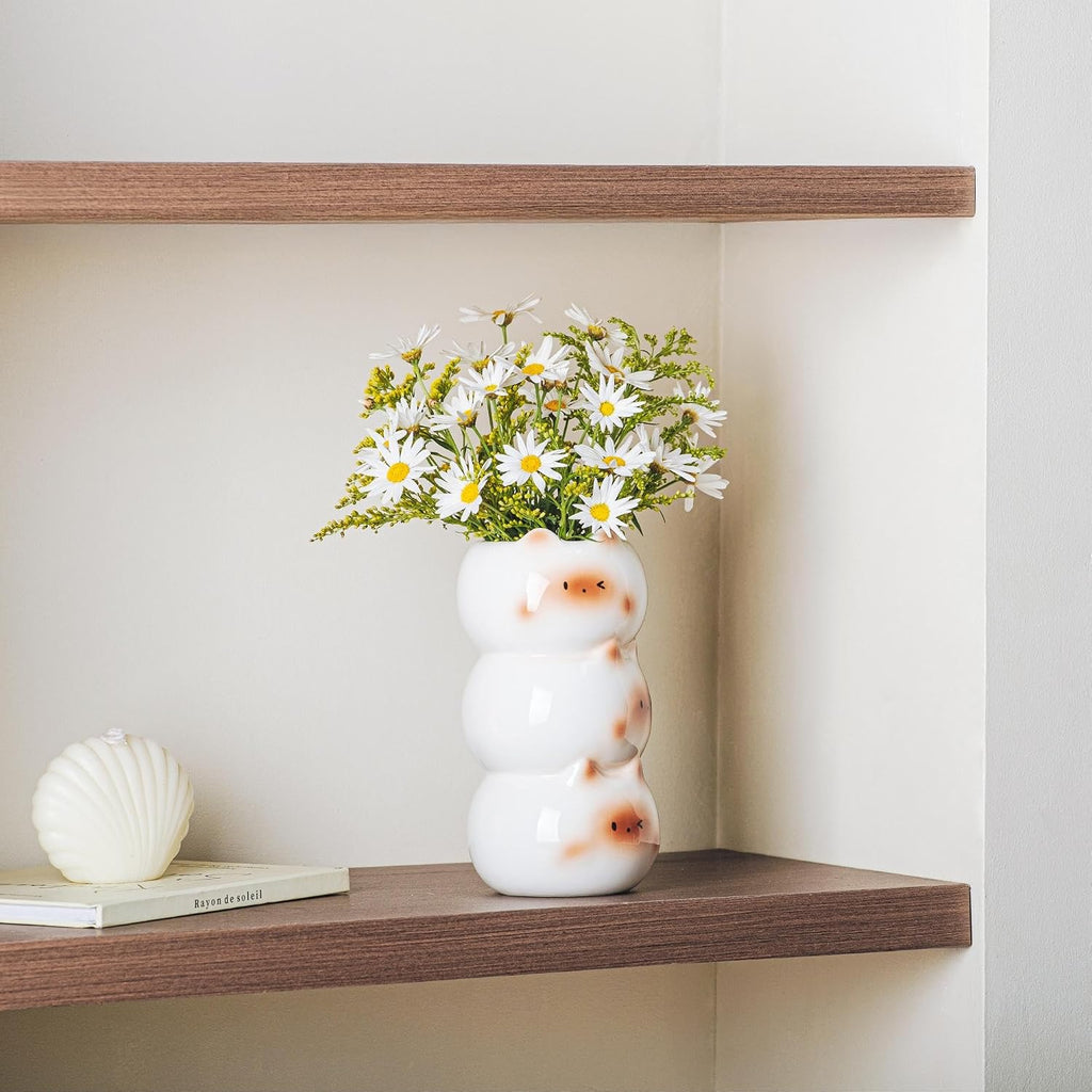 Cute Cat Vase, 6.8 in Small White Ceramic Vase Modern Flower Vases for Cat Lovers, Unique Flower Vases for Home Farmhouse Bedroom Living Room Wedding Table Centerpieces Decor