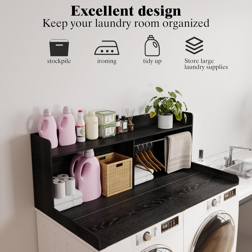 Unionly 2-Tier Washer Dryer Countertop with Clothes Rail，Laundry Topper with Edge and Non-Slip Pad for Washer and Dryer Laundry Hamper Counter Storage Organization (Black, Full)