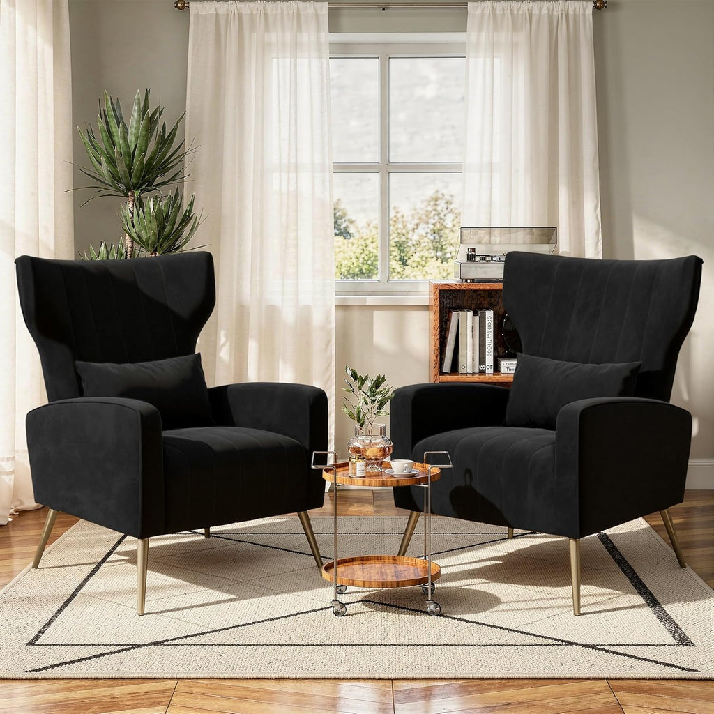 Luxanimarion Black Velvet Accent Chair Set of 2, Wingback Chair for Living Room, High Back Arm Chair with Golden Legs Lumbar Pillow, Upholstered Single Sofa Bedroom