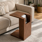 Modern C Shaped End Table for Couch,Walnut Solid Wood Nightstand,Slide Under Couch Tables,23.62 Inches Tall Sofa Table with Storage for Living Room,Bedroom,and Office.