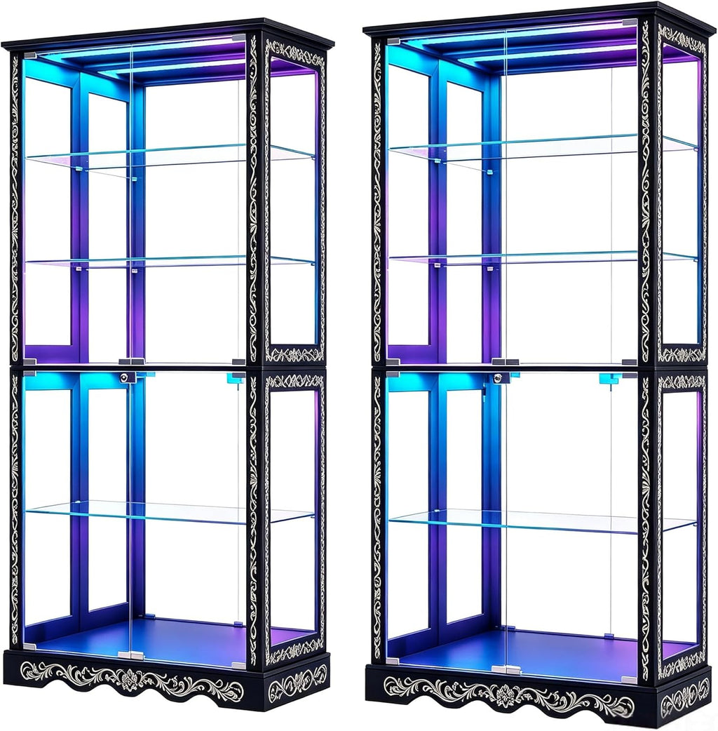 71" Tall Glass Door Display Cabinet, Curio Cabinet with RGB LED Lights, Lockable Showcase, Removable Shelves, for Collectibles, Figures, Medals and Books (2, Black)