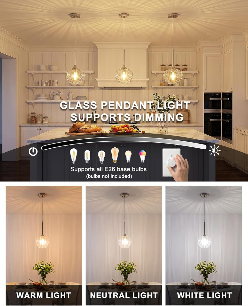 2-Pack Glass Pendant Lights Kitchen Island, 7.7" Modern Brushed Nickel Pendant Lighting Small Hanging Light Fixtures for Kitchen, Dining Room, Bathroom, Bedroom