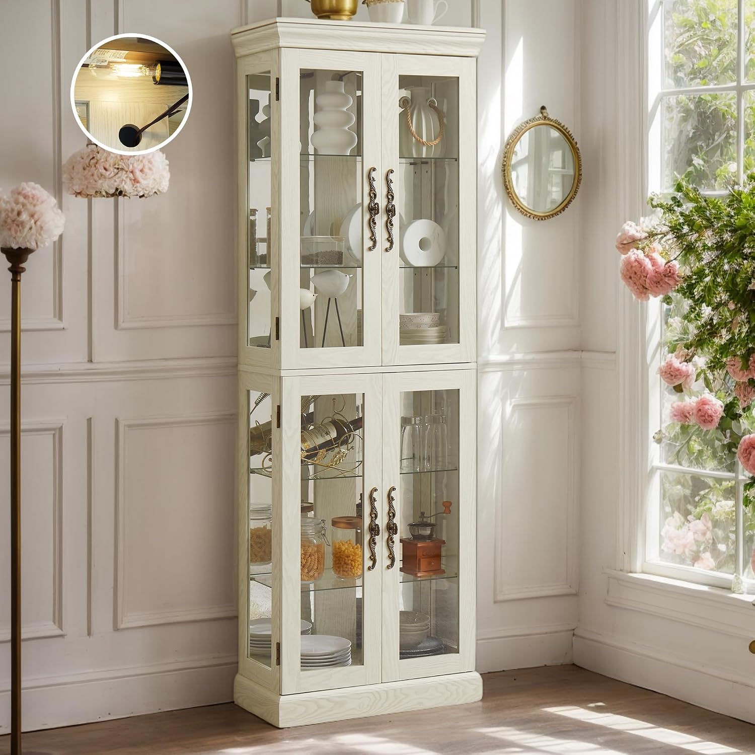 Lighted Curio Cabinet 71" Vintage Glass Display Case with Adjustable Shelves, 4 Tempered Glass Doors, Bulb Included, Wooden Wine Bar China Cabinet for Living Room Liquor Storage (Antique White)