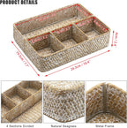 Hipiwe 4-Section Snacks Basket Serving Tray Wicker Divided Tea Bag Basket | Handwoven Seagrass Coffee Pod Organizer Sugar Packet Holder Basket Bin for Shelf Coffee Bar, Whitewash