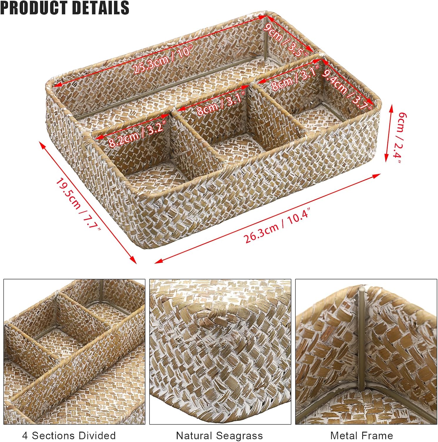 Hipiwe 4-Section Snacks Basket Serving Tray Wicker Divided Tea Bag Basket | Handwoven Seagrass Coffee Pod Organizer Sugar Packet Holder Basket Bin for Shelf Coffee Bar, Whitewash