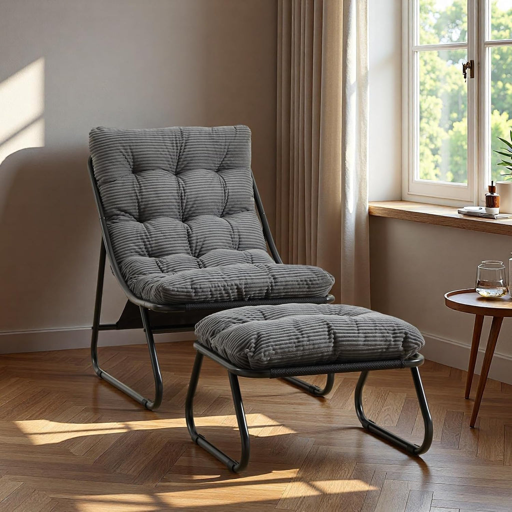 Patio Outdoor Lounge Chair with Ottoman, Armless Lounge Chair with Black Metal Frame & Cushion, Corduroy Upholstered Tufted Accent Chair with Matching Ottoman for Living Room, Grey