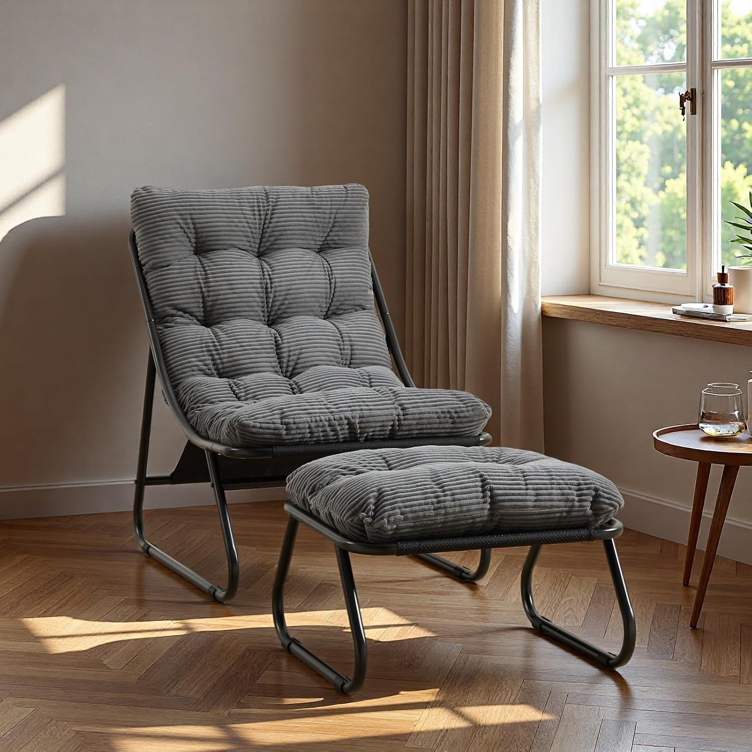 Patio Outdoor Lounge Chair with Ottoman, Armless Lounge Chair with Black Metal Frame & Cushion, Corduroy Upholstered Tufted Accent Chair with Matching Ottoman for Living Room, Grey