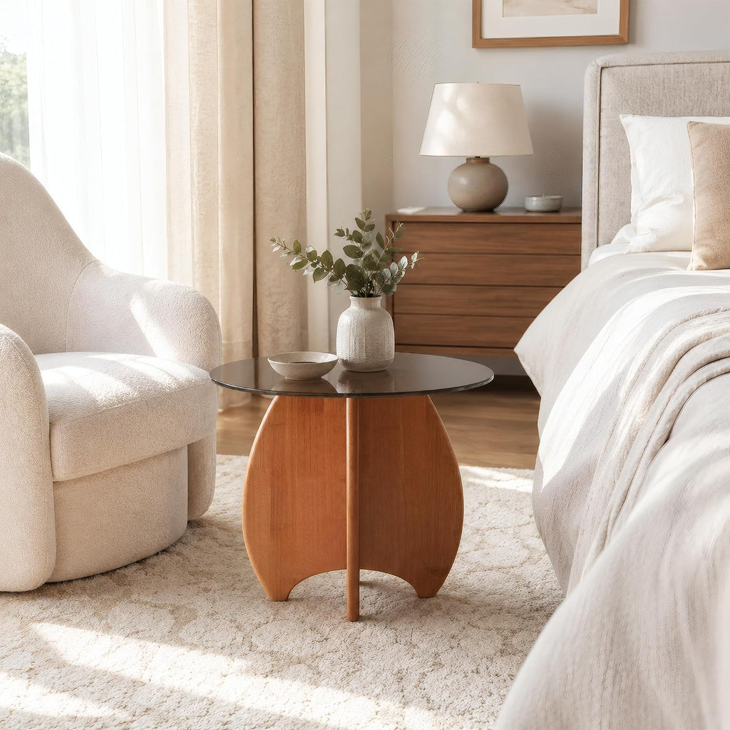 Modern Round Side Table for Living Room, 19.7" Glass Top End Table | Coffee Table with Walnut Rubber Wood Sculptural Petal Base for Living Room Sofa Corner Bedroom