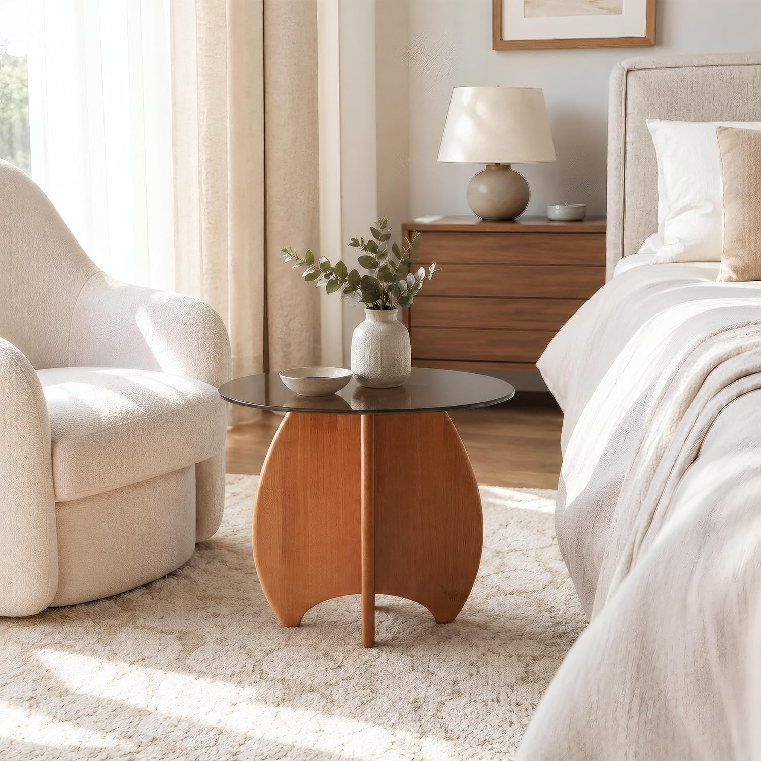 Modern Round Side Table for Living Room, 19.7" Glass Top End Table | Coffee Table with Walnut Rubber Wood Sculptural Petal Base for Living Room Sofa Corner Bedroom