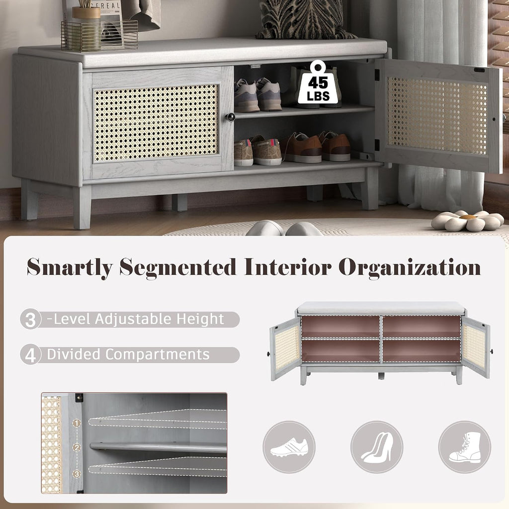 LUMISOL 2-Tier Storage Bench, Rattan Entryway Bench with Storage, Cushioned Shoe Bench with Double Doors for Entryway, Hallway, Grey+Beige