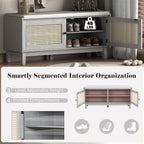 LUMISOL 2-Tier Storage Bench, Rattan Entryway Bench with Storage, Cushioned Shoe Bench with Double Doors for Entryway, Hallway, Grey+Beige