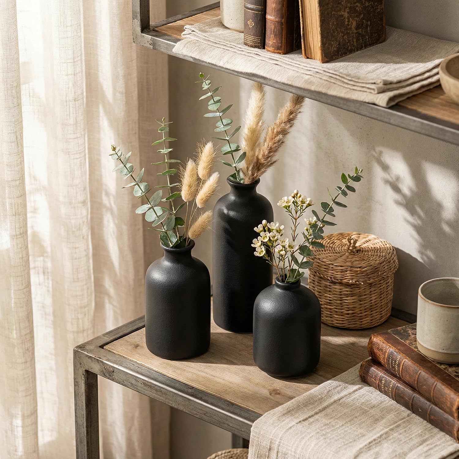 Small Ceramic Vase Set of 3, Boho Home Decor Vases for Dried Flowers,Farmhouse,Shelf,Bathroom,Centerpiece for Entryway Table Decoration Gifts