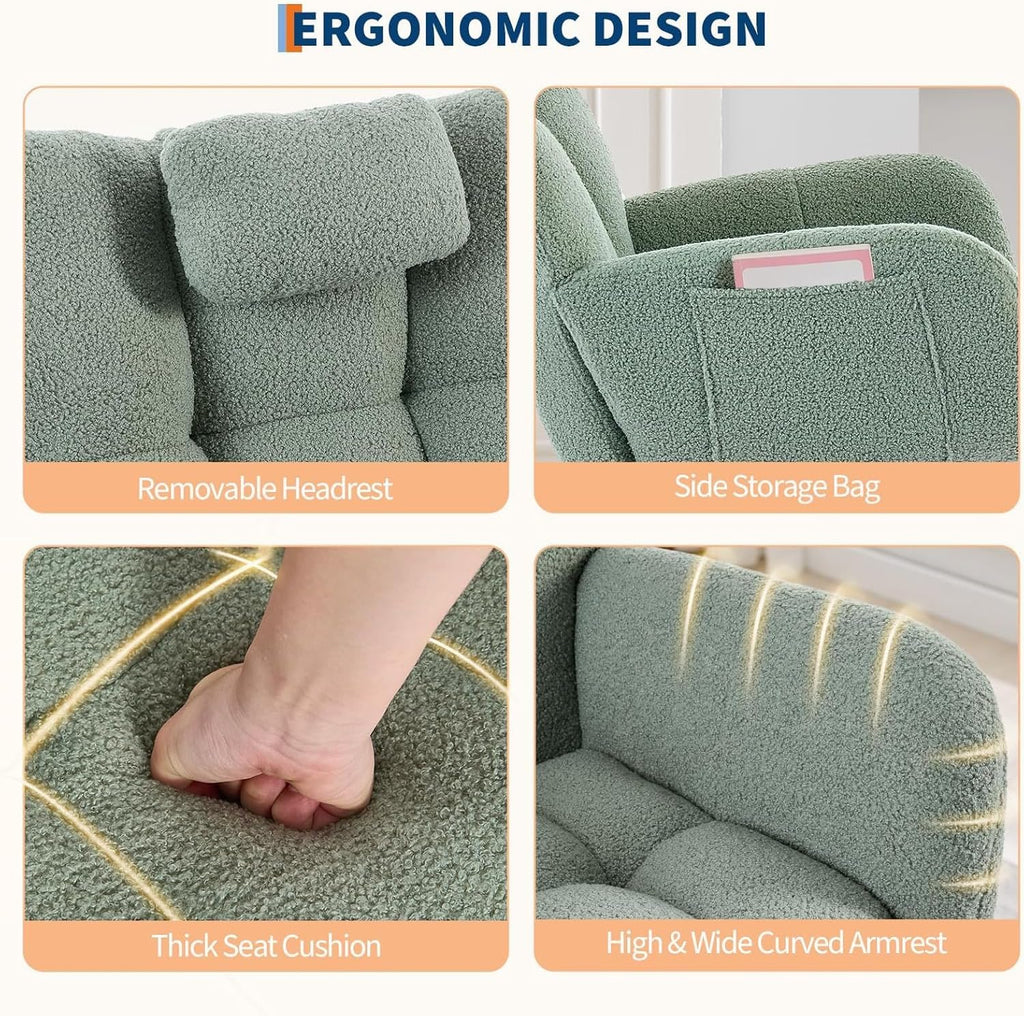 Rocking Chair Nursery Teddy, Upholstered Baby Fluffy Glider Rocker for Adults Small Spaces Indoor,Nursing Chairs for Living Room, Bedroom,Green