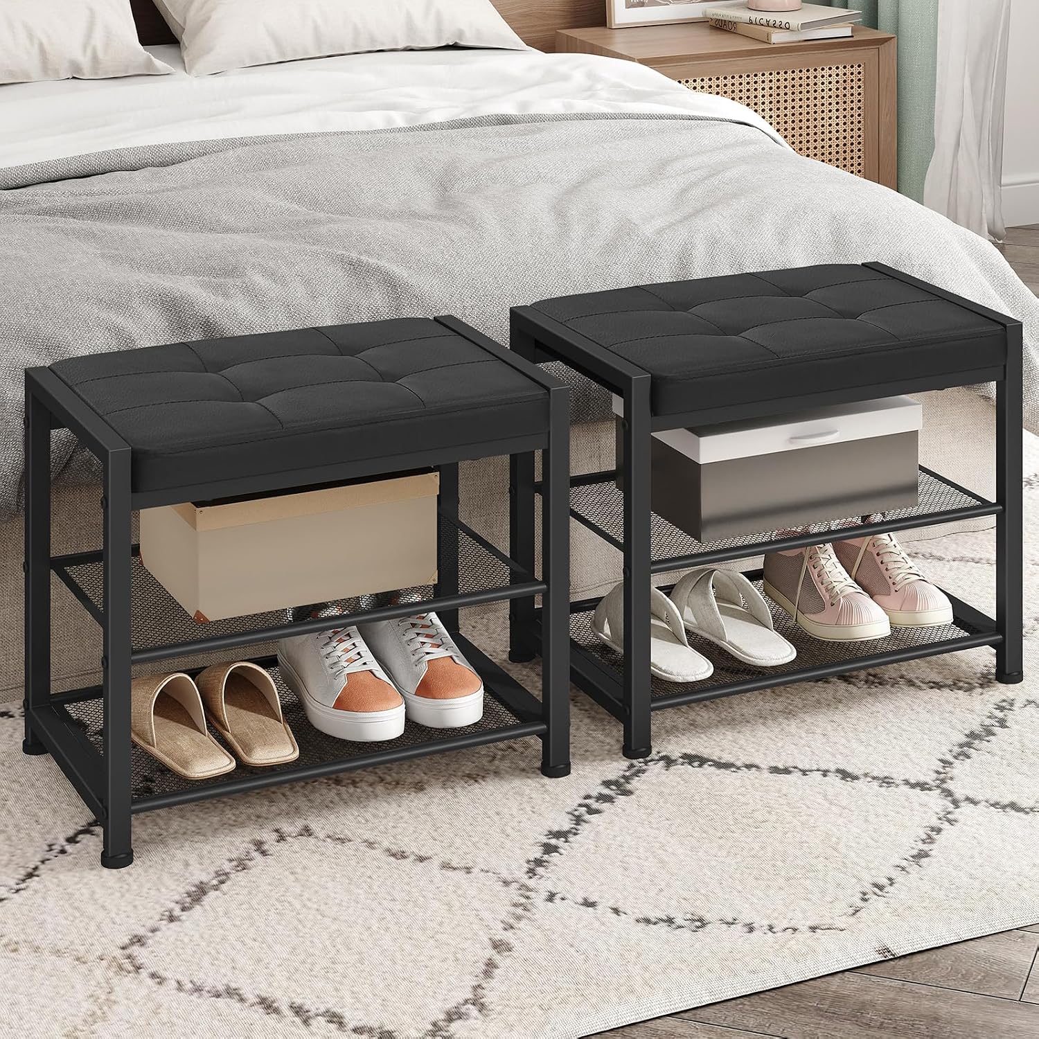 HOOBRO Small Shoe Bench, 3-Tier Shoe Rack, Shoe Storage Bench with PU Seat Cushion, Entryway Shoe Rack Bench with Metal Mesh Shelves, Freestanding Shoe Organizer for Hallway, Black BB33HX01