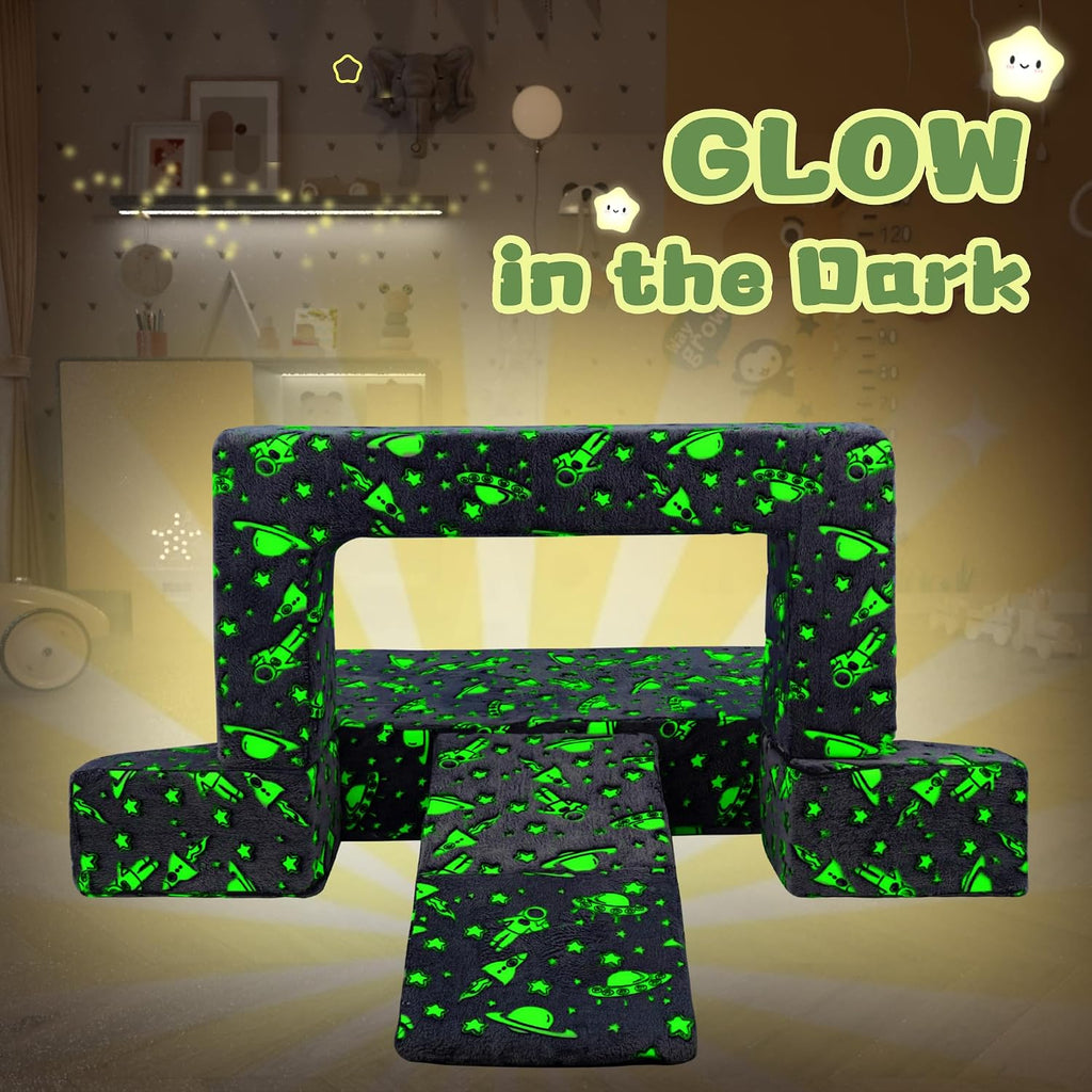 Kids Play Couch,3 in 1 Modular Toddler Sofa Glow in The Dark, Imaginative Foam Play Couch for Toddler and Baby, Convertible Kids Sofa for Playroom & Bedroom, Spacecraft