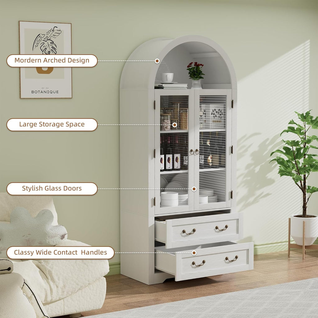 71" Tall Arched Kitchen Pantry Cabinet, Farmhouse Modern Wood Arched Cabinets with Glass Doors & 2 Large Drawers, Perfect for Kitchen, Dining Room, Living Room, Bathroom White