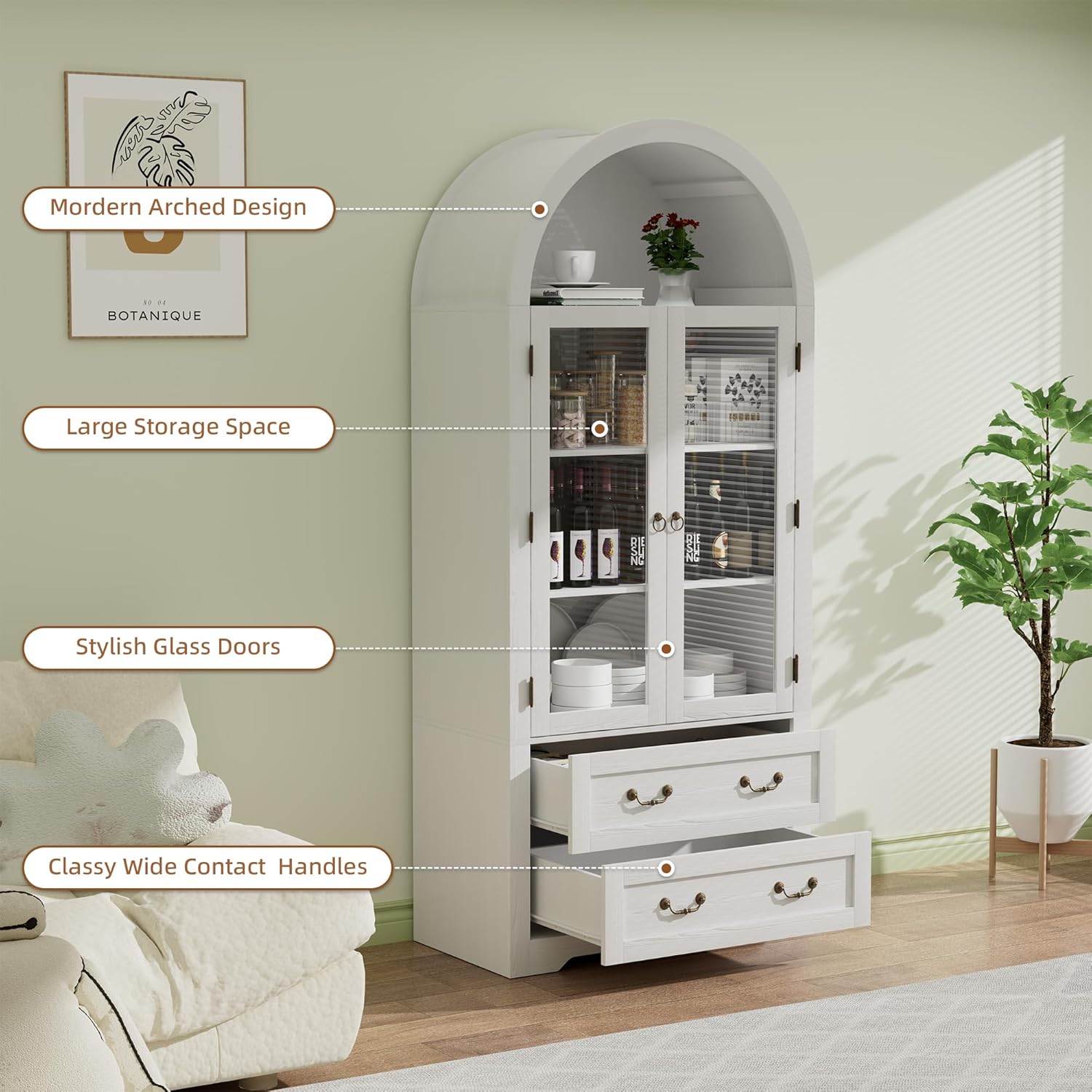 71" Tall Arched Kitchen Pantry Cabinet, Farmhouse Modern Wood Arched Cabinets with Glass Doors & 2 Large Drawers, Perfect for Kitchen, Dining Room, Living Room, Bathroom White