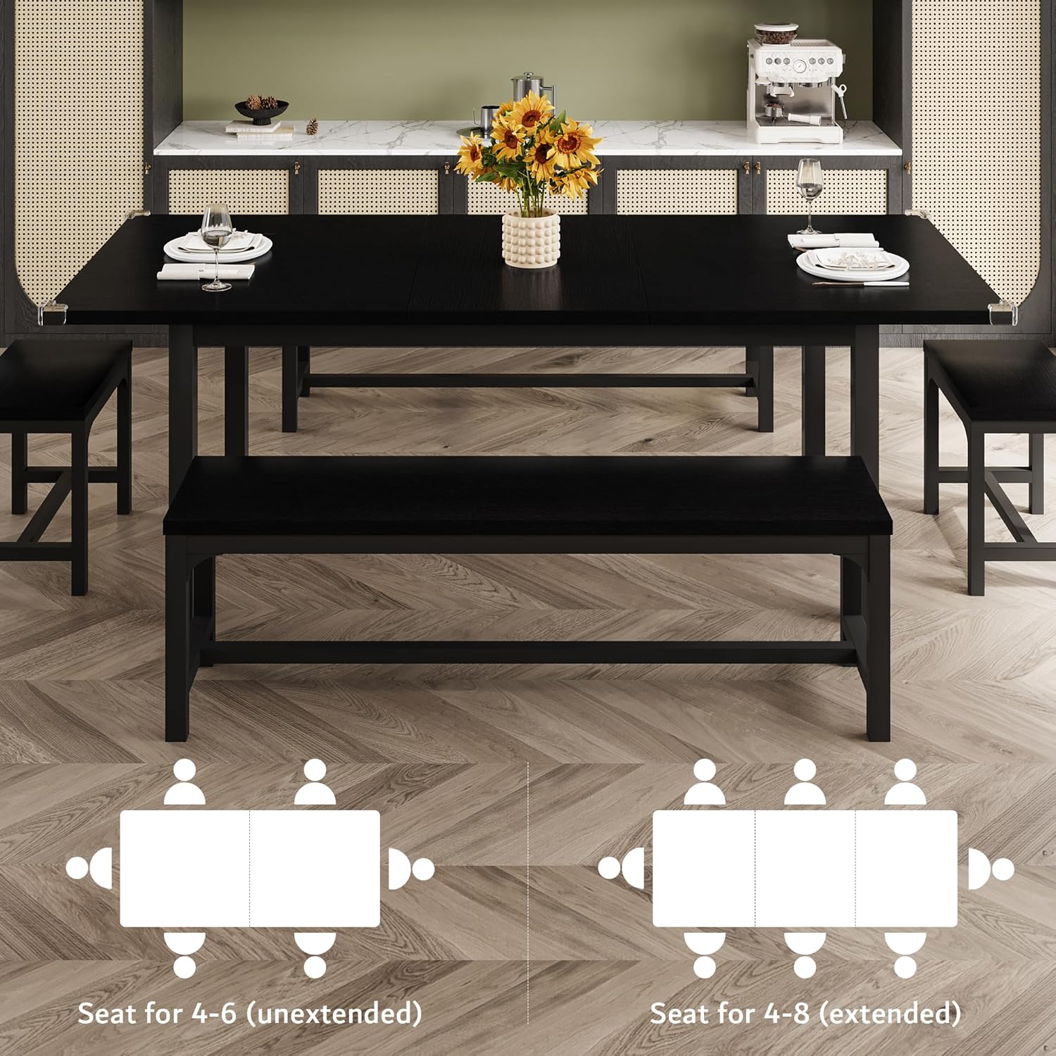 iPormis Extendable Dining Table Set for 4 6 8, Black Kitchen Table with 2 Benches and 2 Square Stools, Classic Dining Room Table with Stable Metal Base, Space Saving