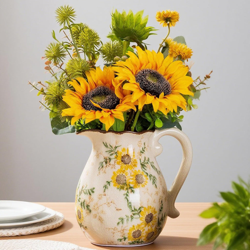 Sunflower Vintage Ceramic Yellow Floral Pitcher Vase with Handle 7.9”, Rustic Farmhouse Chinoiserie Vase, Grandmillennial Decor for Living Room, Bookshelf, Mantel Decor, Mom Gift
