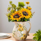 Sunflower Vintage Ceramic Yellow Floral Pitcher Vase with Handle 7.9”, Rustic Farmhouse Chinoiserie Vase, Grandmillennial Decor for Living Room, Bookshelf, Mantel Decor, Mom Gift