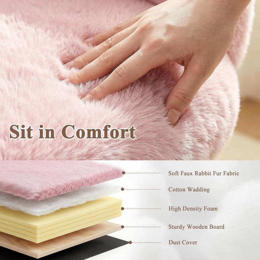 Homkdom Vanity Chair with Round Hollow Back, Pink Desk Chair with Arms & Wheels, Cute Office Chair for Make-up Room, Bedroom, Home Office, Salon, Height Adjustable, Faux Rabbit Fur