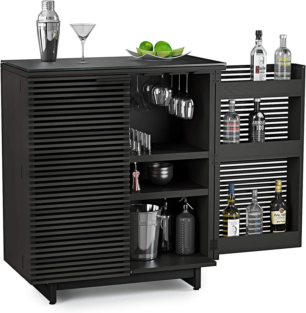 BDI Furniture Corridor 5620-36'' Bar Cabinet with Louvered Doors, Wine and Bottle Storage, Adjustable Shelf, Storage Drawer, Stemware Rack and Glass Top, Charcoal Stained Ash