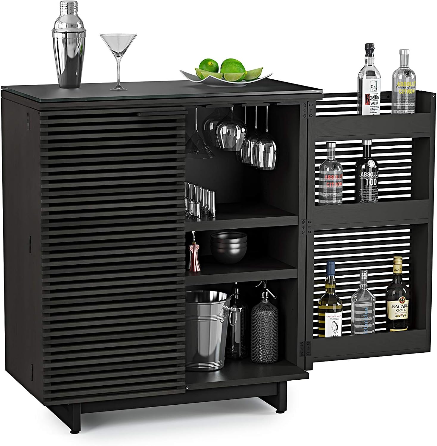 BDI Furniture Corridor 5620-36'' Bar Cabinet with Louvered Doors, Wine and Bottle Storage, Adjustable Shelf, Storage Drawer, Stemware Rack and Glass Top, Charcoal Stained Ash