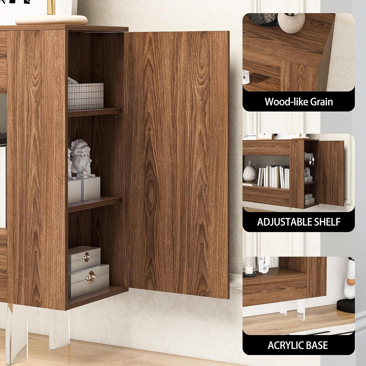 Console Table Entryway Table with Push-Open Doors - Modern Sofa Table with Open Shelf for Foyer, Living Room, Bedroom, Woodgrain Finish, Brown