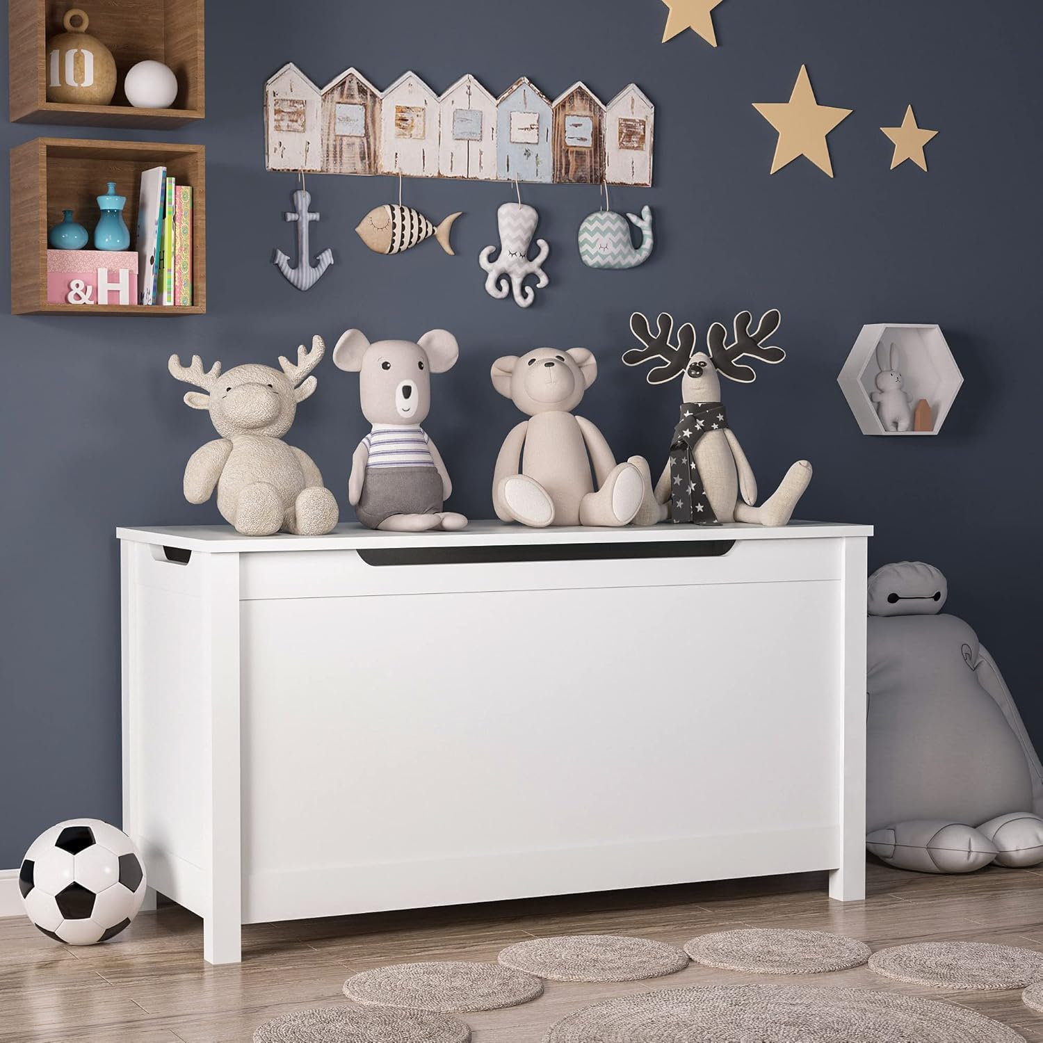 Kids Wooden Toy Chest with Safety Hinged Lid, 2.7 Cubic Feet Large Toy Box Storage Bench, Sturdy Toy Box for Living Room Bedroom, Suitable for Ages 3+ (White, MDF)